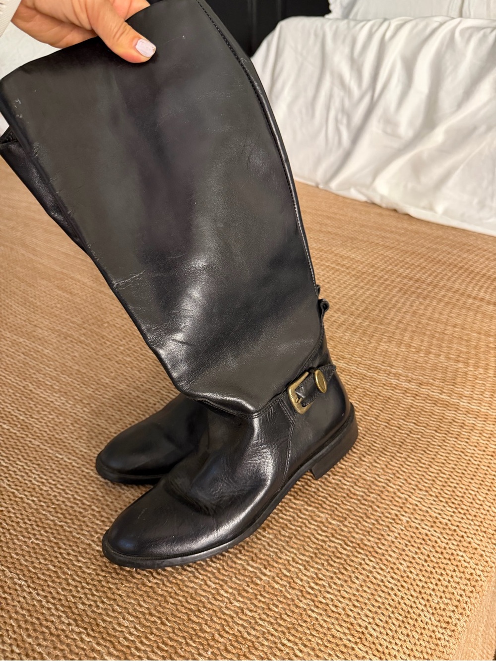 Black Leather Knee-High Combat Boots
